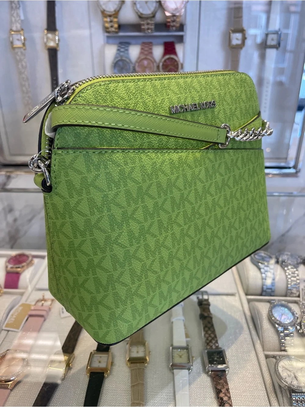 Michael Kors Jet Set Travel Medium Logo Dome Crossbody XBODY Bag Lime NWT